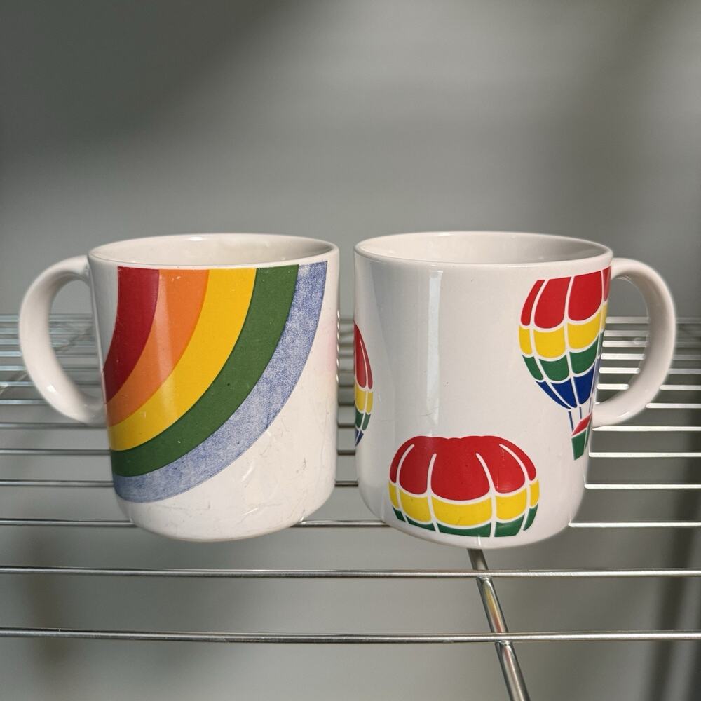 Vintage Rainbow Mug & Hot Air Balloons FTD Collectible Mugs Set Of Two